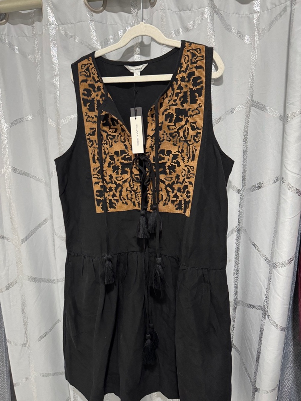 Black Sleeveless Dress with Brown Embroidered Bib